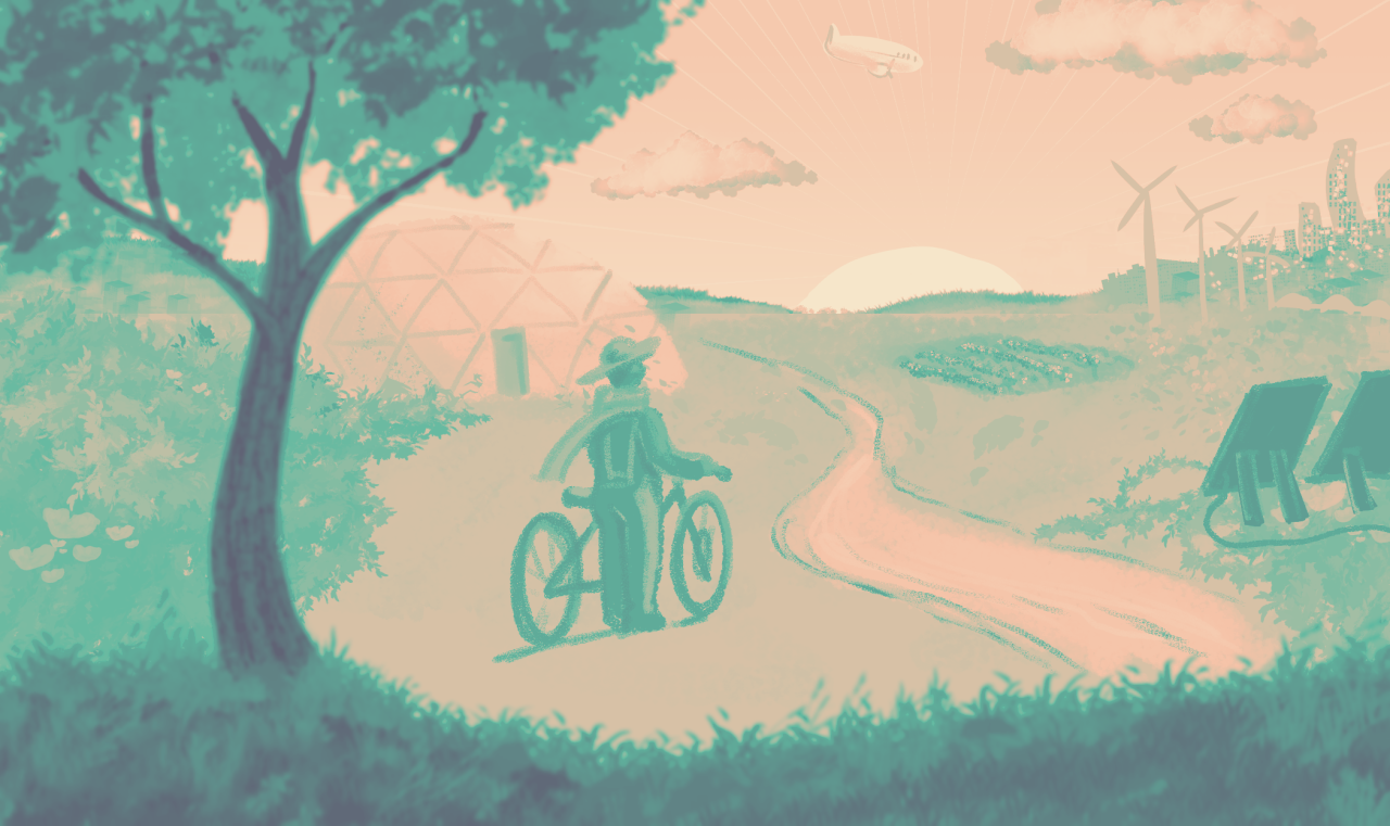 A green tinted image of a person standing with a bike in a farm field. In the distance we can see a gleaming city skyline, a geodesic dome, solar panels and wind turbines.