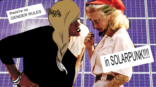 A manipulated screencapture from League of their Own starring Tom Hanks. From the crying in baseball scene. Tom Hanks and Bitty Schram are gender-swapped. The caption reads THERE'RE NO GENDER RULES IN SOLARPUNK.