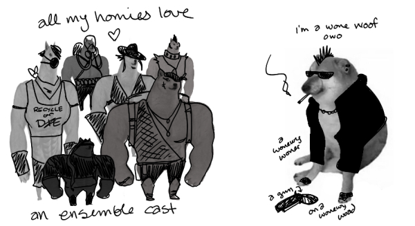 Swole doge(s) vs Cheems meme: Cheems doge on the right dressed as a cyberpunk character. Cheems: I'm a wone woof owo a wonely woner, on a woney woad. Several swole dogs on the right hand side with many varying physical characteristics: All my homies love an ensemble cast