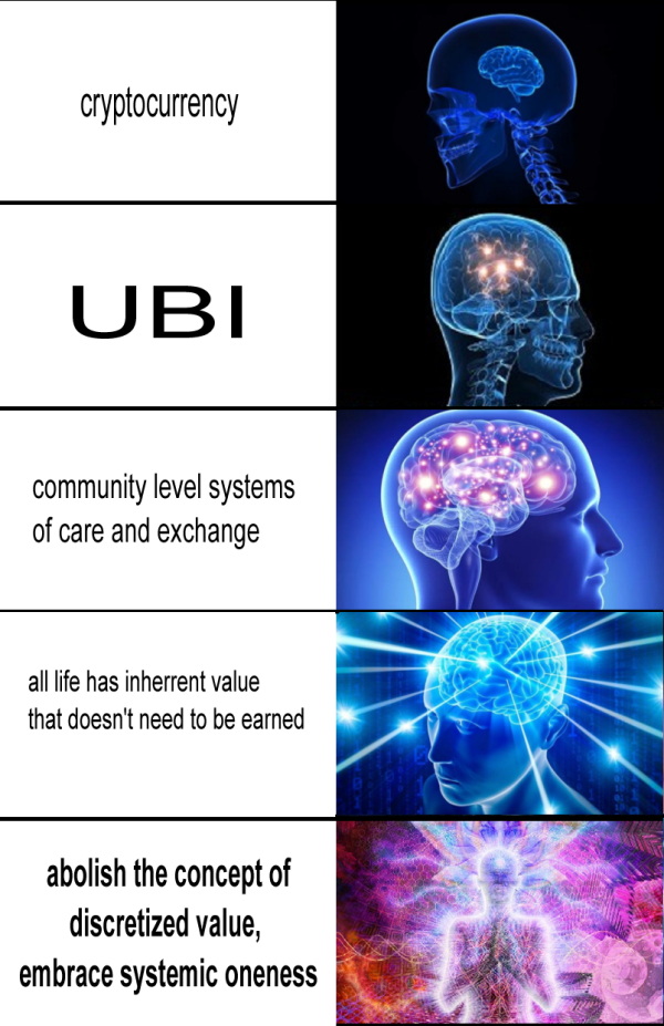 Galaxy Brain meme. Dead brain: cryptocurrency. Lit up brain: UBI. Bright brain: community-level systems of care and exchange. Glowing brain: All life has inherrent value that doesn't need to be earned. Galaxy brain: abolish the concept of discretized value, embrace systemic oneness.