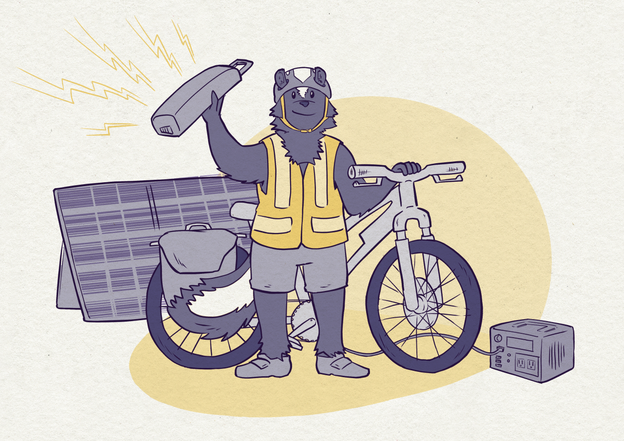 An illustration of an anthropomorphic badger on an ebike